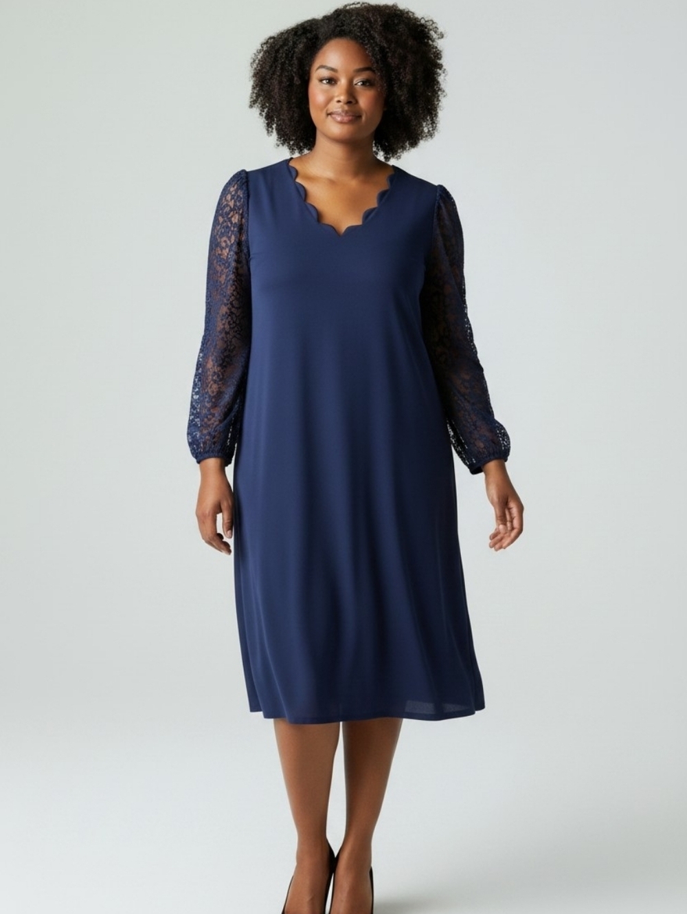 *Emery Rose Womens Size XL Dress Navy Blue Scallop Trim Lace Long Sleeve Midi